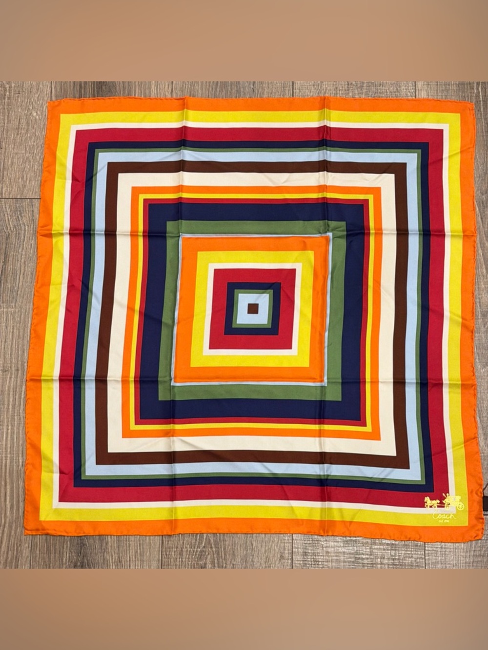 RARE Coach Variegated Geo Silk Square Scarf 27x27 Heritage Gold Logo